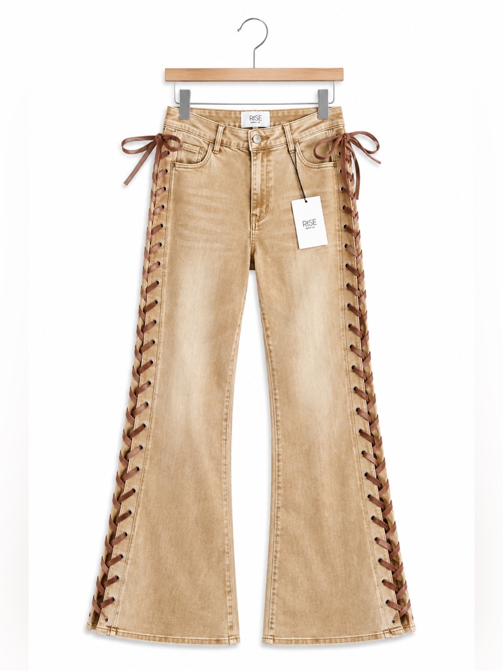 NWT Rise Supply Co Tan Full Side Lace-Up Flare Jeans Y2K Size 1